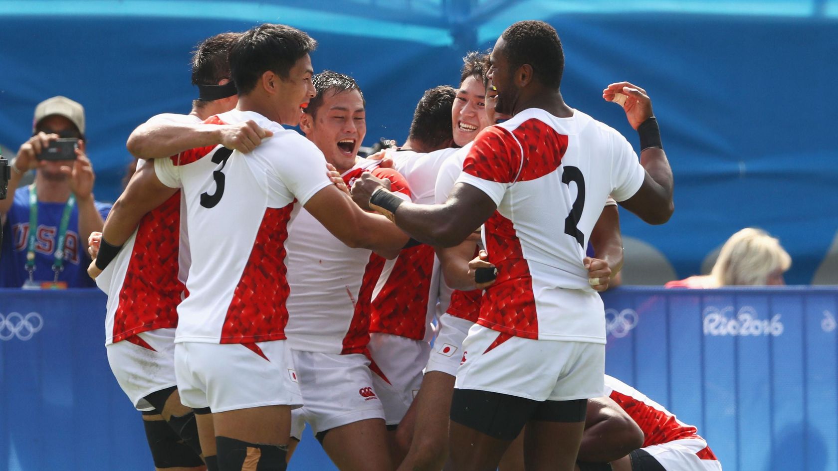 Photo of Japan men's sevens celebrating beating New Zealand at the Rio 2016 Olympic Games