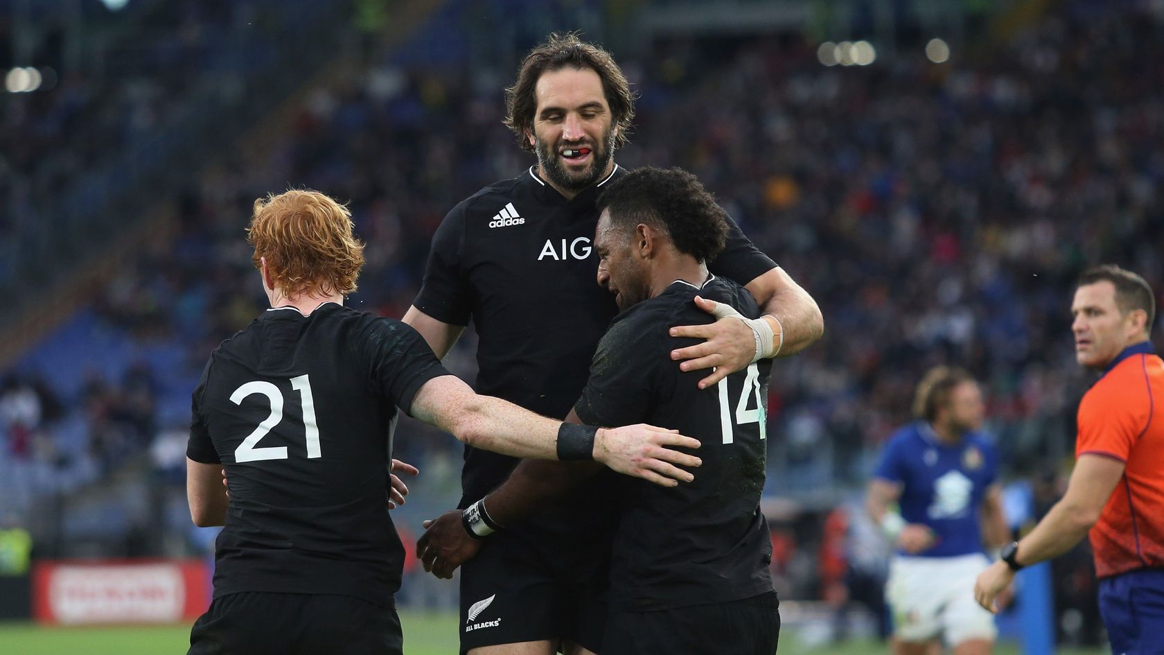 All Blacks celebrate Sevu Reece try against Italy